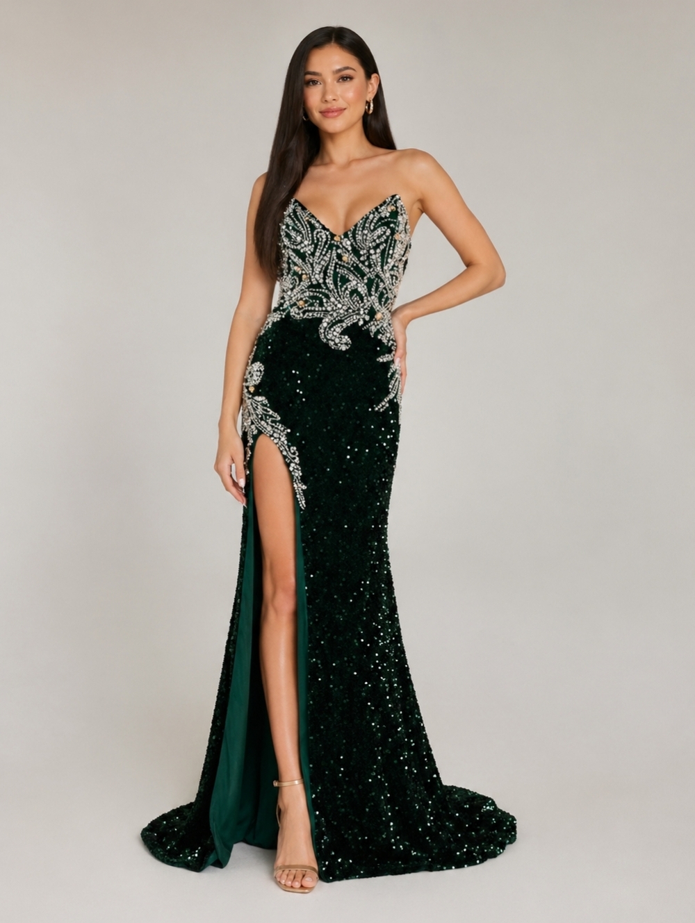 Portia & Scarlett Green Velvet Sequin Long Dress Size 8